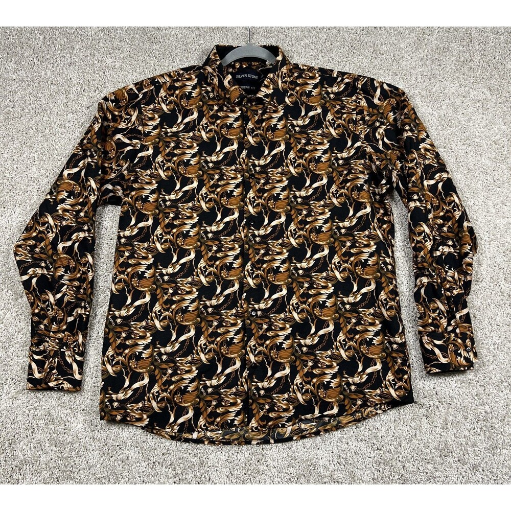 Silver Stone Modern Fit Men’s XXL Black Gold Baroque Button Up Dress Shirt